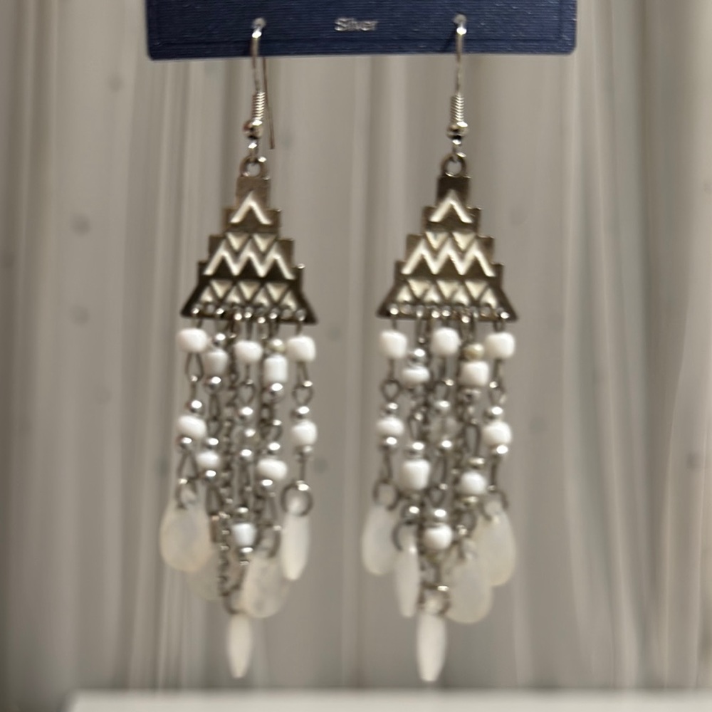 Silver Jeans and White Chandelier Earrings